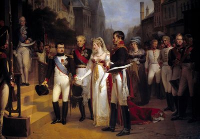 Kejser Napoleon Bonaparte (1769-1821) modtog dronning Louise af Preussen i Tilsit (Tilsitt) den 6/07/1807. På trappen venter diplomaten Talleyrand. Maleri af Nicolas Louis Gosse (1787-1878) 1837 søn. 3,51x4,92 m Versailles, musee du Chateau - The af Nicolas Louis Francois Gosse