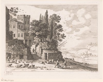 Landskab med hus, figurer og kvæg af Nicolas Perelle