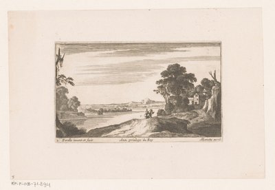 Flodlandskab med vandrepar Flodlandskaber med bygninger (serietitel) af Nicolas Perelle