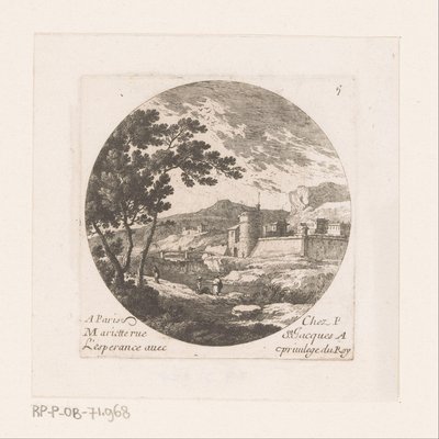 Befæstet by og figurer ved træ af Nicolas Perelle