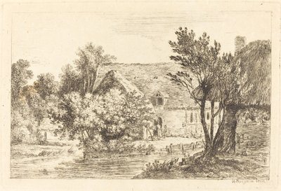 Et hus og et skyggefuldt sommerhus ved bredden af en flod af Nicolas Perignon