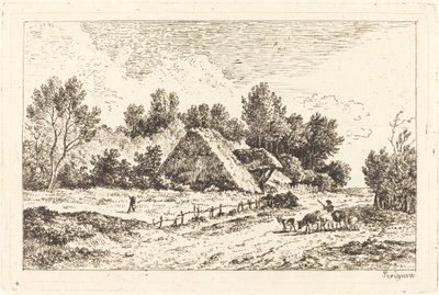 Et lavt sommerhus med en hyrde, der leder sin flok af Nicolas Perignon