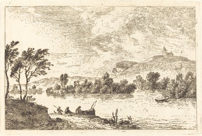 Flodlandskab med figurer og en båd ved vandkanten af Nicolas Perignon
