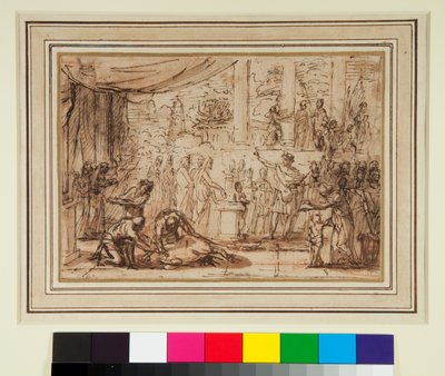 Antik Sacrifice in a Temple (pen og brunt blæk og brun vask over rødt kridt) af Nicolas Poussin