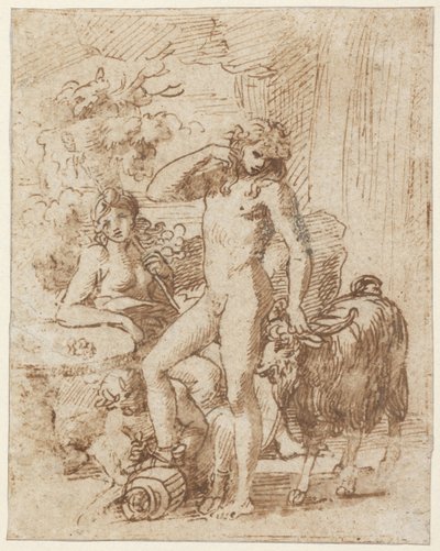 Bacchus og Erigone (pen og blæk med vask på papir) af Nicolas Poussin