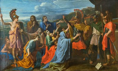Coriolanus overtalt af sin familie til at skåne Rom Veturia ved Coriolanus fødder, ca 1652. af Nicolas Poussin