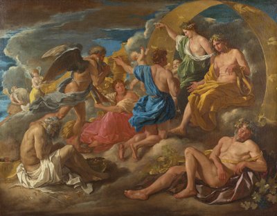 Helios und Phaëton mit Saturn und den vier Jahreszeiten af Nicolas Poussin