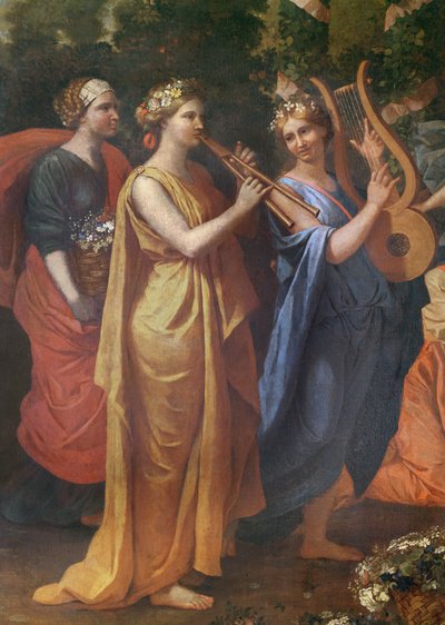 Hymenaios forklædt som en kvinde under et offer til Priapus, detaljer om musikerne, ca. 1634-38 af Nicolas Poussin