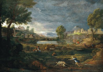 Landskab under et tordenvejr med Pyramus og Thisbe af Nicolas Poussin