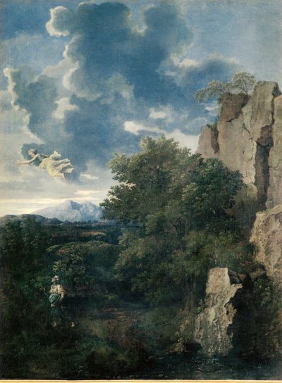 Landskab med Hagar og englen (maleri på lærred) af Nicolas Poussin