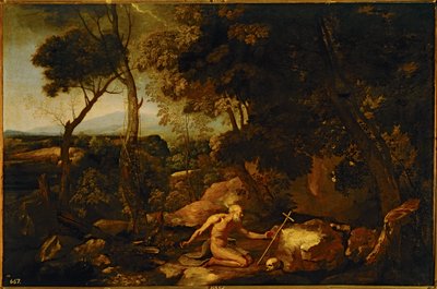 Landskab med Sankt Hieronymus ... (maleri på lærred) af Nicolas Poussin