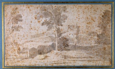 Landskab med et stort træ i midten og en belvedere af Nicolas Poussin