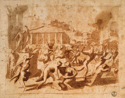 The Rape of the Sabine Women (pen og blækvask på papir) af Nicolas Poussin