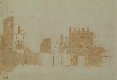 Udsigt over Rom (sepia vask på papir) af Nicolas Poussin