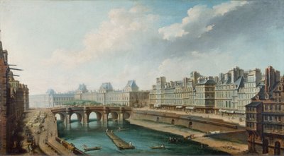 Udsigt over Louvre-paladset, Pont Neuf og Quai des Orfevres set fra Quai des Grands Augustins, ca. 1760 (olie på lærred) af Nicolas Raguenet