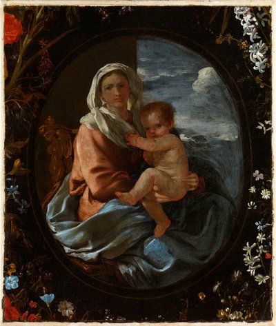 Jomfruen og barnet i en blomsterkrans af Nicolas & Seghers Daniel (1590–1661) Poussin