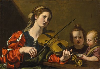 En kvinde, der spiller violin med to børn, der synger (olie på lærred) af Nicolas Tournier