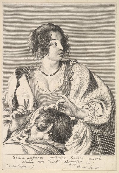 Delila forbereder sig på at klippe Samsons hår med en saks i højre hånd, under hendes bryst..., ca. 1629. af Nicolas Viennot