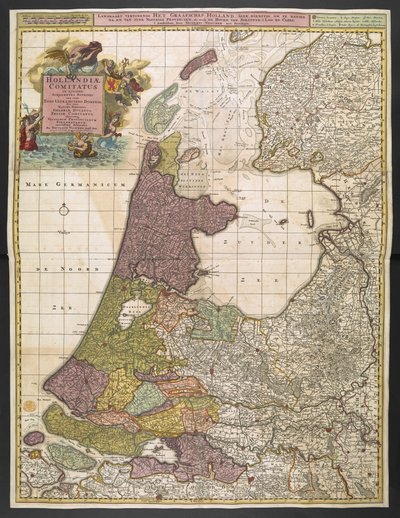 Kort over Holland, der viser bosættelser, moser, skove, bakker, veje, floder og andre geografiske træk. Viser titel i en dekorativ kartouche øverst til venstre med Fame, Neptune og Thetis akkompagneret af putti, der bærer våben fra United Provinc af Nicolas Visscher