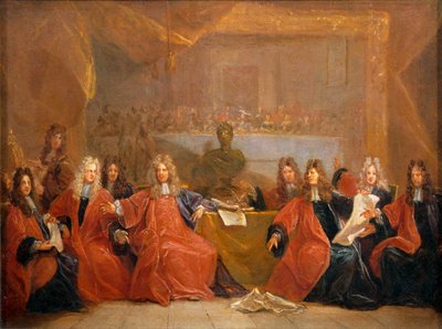 Købmændenes rektor og rådmændene i byen Paris diskuterer tilbuddet om en fest til Ludvig XIV ... af Nicolas de (workshop) Largilliere