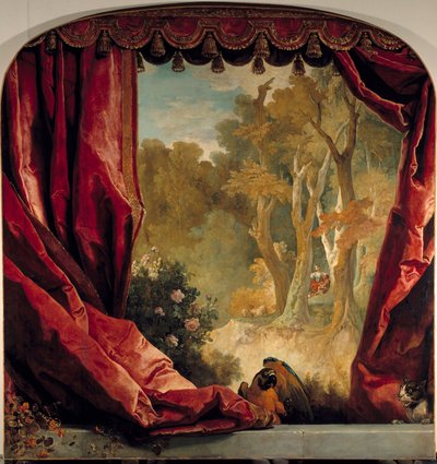 Dekorativ komposition med gardiner, landskab og dyr Maleri af Nicolas de Largilliere (1656-1746) 1700-tallet søn. 2,61x2,51 m af Nicolas de Largillière