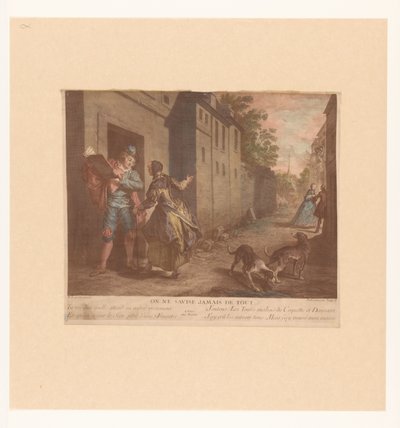 Straat Gezicht met man met boek Eller tænk aldrig på alt (titel på objekt) Fabels van Jean de La Fontaine (serietitel) Suite med nye tryk til fortællingerne om La Fontaine (serietitel) af Nicolas de Larmessin (III)