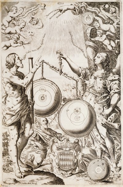 Tolomeo, der sidder mellem allegorier af Argo og Astrea, overvejer diagrammer over kosmologier tegnet af Copernicus og Riccioli, illustration taget fra Giovanni Battista Ricciolis afhandling om astronomihistorie Almagestum Novum, Bologna af Nicolaus (after) Copernicus