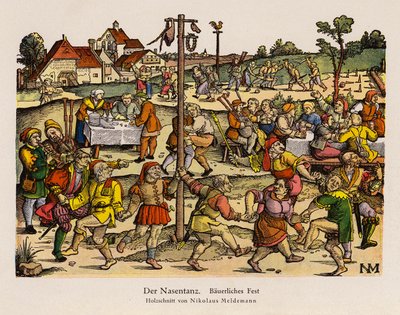 Næsedansen på en landlig festival (farve litho) af Nicolaus Meldemann