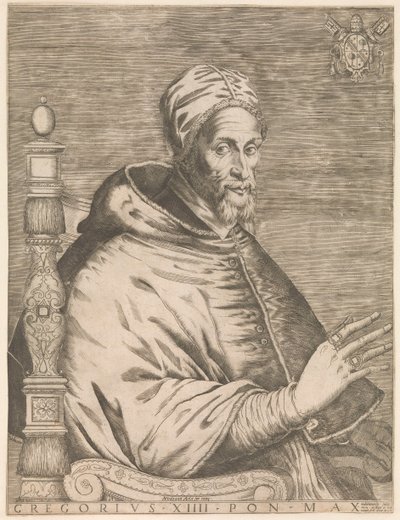 Portræt af pave Gregor XIV, siddende Gregor XIII Pon. Maks. (titel på objekt) af Nicolaus van Aelst (attributed to)