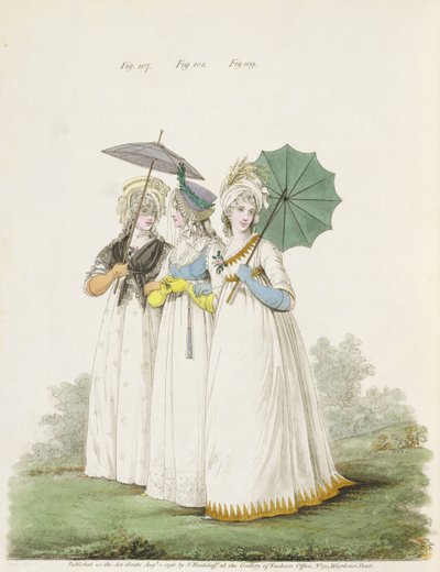 Morgenkjoler, figner. 107, 108 og 109 fra Nikolaus Heideloffs `Gallery of Fashion