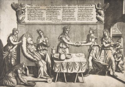 Ærværdige Idleness, Dronning af Cockaigne, en tyk kvinde, der sidder på en bevægelig toiletstol værende..., 1565. af Nicolo Nelli