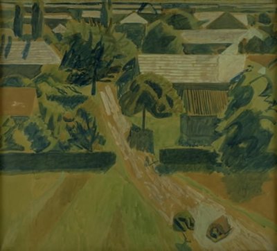 Landskab med huse og en vej, hvor to mennesker ligger næsegrus af Niels Larsen Stevns