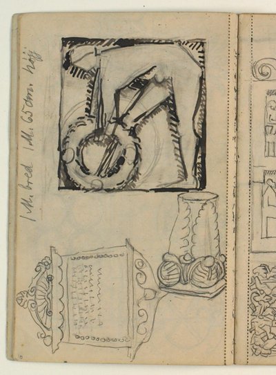 Udkast til Poul S. Christiansens gravmæle, studier af gravmæler, måleangivelser af Niels Larsen Stevns