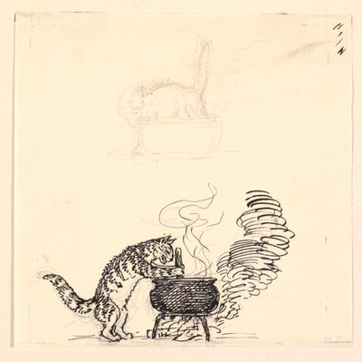 Illustration til "Den tykke kat" samt skitse af Niels Skovgaard