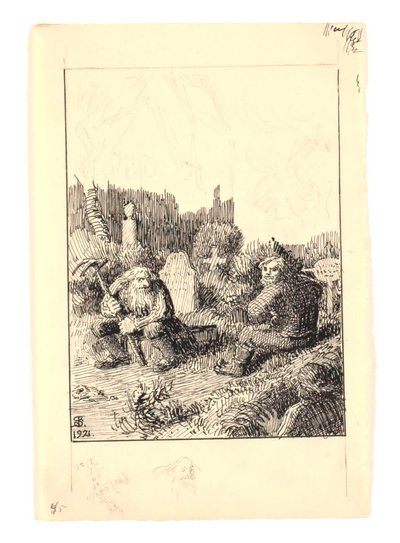 Illustration til "Strandvarslet og kirkegrimen" af Niels Skovgaard