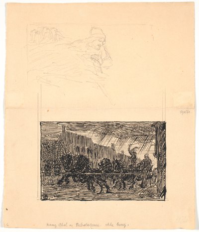To illustrationsudkast til Sønderjyske Folkesagn, v. F.Ohrt. F.o. Hvor I mindst venter det og f.n. Kong Abel og rebslagerne af Niels Skovgaard