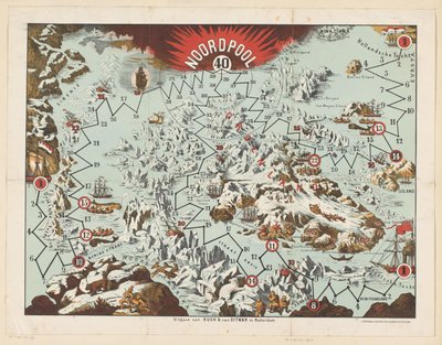Spilleregler for brætspillet: Nordpolen Forklaring / af brætspillet / Rejsen til Nordpolen (titel på objekt) af Nijgh and Van Ditmar