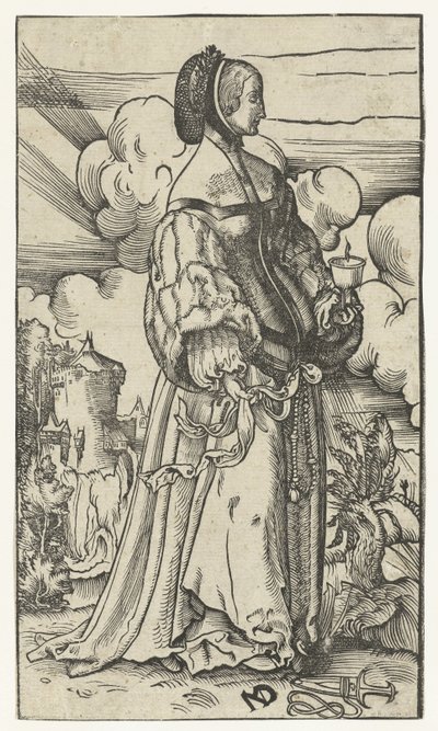 Klog jomfru med brændende olielampe i landskab Five Wise and Five Foolish Virgins (serietitel) af Niklaus Manuel Deutsch