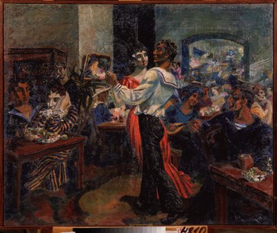 En sømandsbar. Maleri af Nikolai Afanasyevich Rusakov (1888-1941), olie på metalplade af Nikolai Afanasyevich Rusakov