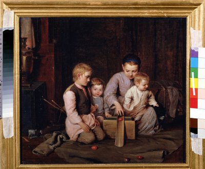Påskeægs spil. Fire børn leger med at skubbe trææg ind i en trækanal, installeret på en frakke, spredt ud på gulvet i huset. Maleri af Nikolai Andreevich Kocheliov (1840-1918), olie på lærred af Nikolai Andreevich Kocheliov