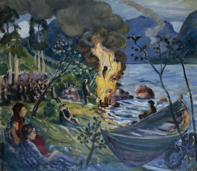 Midsommerbål ved Jølster vand (olie på lærred) af Nikolai Astrup
