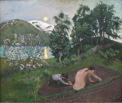 Norsk bokmål:  Vårnatt i hagen Nat i foråret af Nikolai Astrup