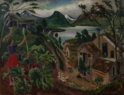Rabarber og ung pige ved Sandalstrand (olie på lærred) af Nikolai Astrup