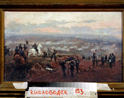 Angreb på de grønne bakker - Episode fra Krimkrigen (1853-1856) - Maleri af Nikolai Dmitrievich Dmitriev Orenbourgsky (Dmitriev-Orenbourgsky eller Dmitriev Orenburgsky eller Dmitriev-Orenburgsky) (1837-1898), olie på træ af Nikolai Dmitrievich Dmitriev Orenburgsky