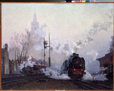 På vejen (på vej). Damplokomotiver drukner bylandskabet i røgen fra deres skorstene. Maleri af Nikolai Dmitryevich Kuznetsov (1923-1974), olie på lærred af Nikolai Dmitrievich Kuznetsov