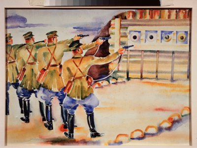 Skydetræningsstedet (En række soldater træner på mål) - Et sted for skiveøvelser - Værk af Nikolai Dmitrievich Prokhorov (1896-1942), akvarel på papir, omkring 1930 - Russisk kunst, 20. århundrede, sovjetisk kunst - Regional Art Mu af Nikolai Dmitrievich Prokhorov