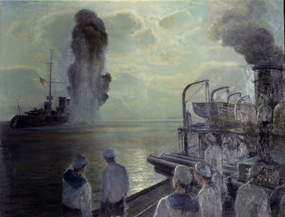 Russisk revolution i 1917: Den russiske sortehavsflåde sænker sine egne skibe den 18. juni 1918. (Sortehavsflådens selvsænkning den 18. juni 1918). Maleri af Nikolai Eviampievich Bublikov (1871-1942), olie på lærred af Nikolai Evlampievich Bublikov