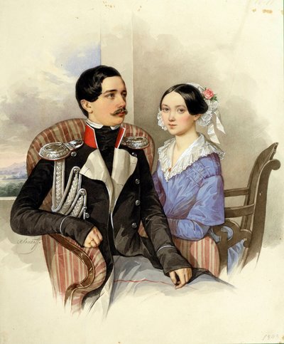 Portræt af grev Jakov Karlovich Sievers (1818-1865) og grevinde Vera Mikhaylovna (1818-1865) - Kunstværk af N M Alexeyev (1800-1850) af Nikolai Mikhailovich Alexeyev