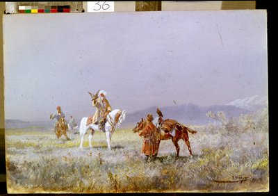 Falkejagt (Falkejagten). Centralasiatiske ryttere træner falke til jagt i stepperne. Maleri af Nikolai Nikolayevich Karasin (1842-1908), olie på lærred af Nikolai Nikolaevich Karazin