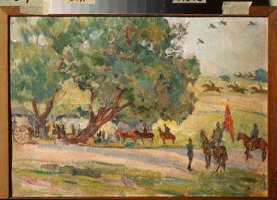 Militære manøvrer i nærheden af ​​Moskva (Manøvrer nær Moskva) - Værk af Nikolai Pavlovich Ulyanov (Ulianov) (1875-1949), olie på pap af Nikolai Pavlovich Ulyanov